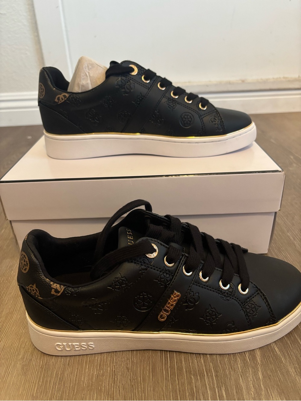 GUESS Black Sneakers with Gold Trim and Logo - Picture 1 of 10